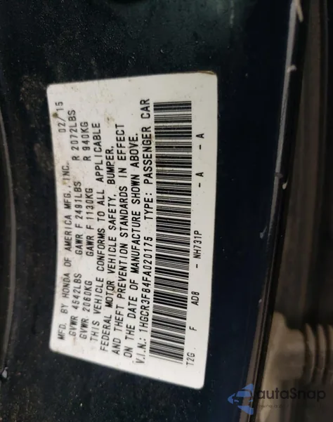 2015 Honda Accord Exl из США, поврежденный, VIN 1HGCR3F84FA020175